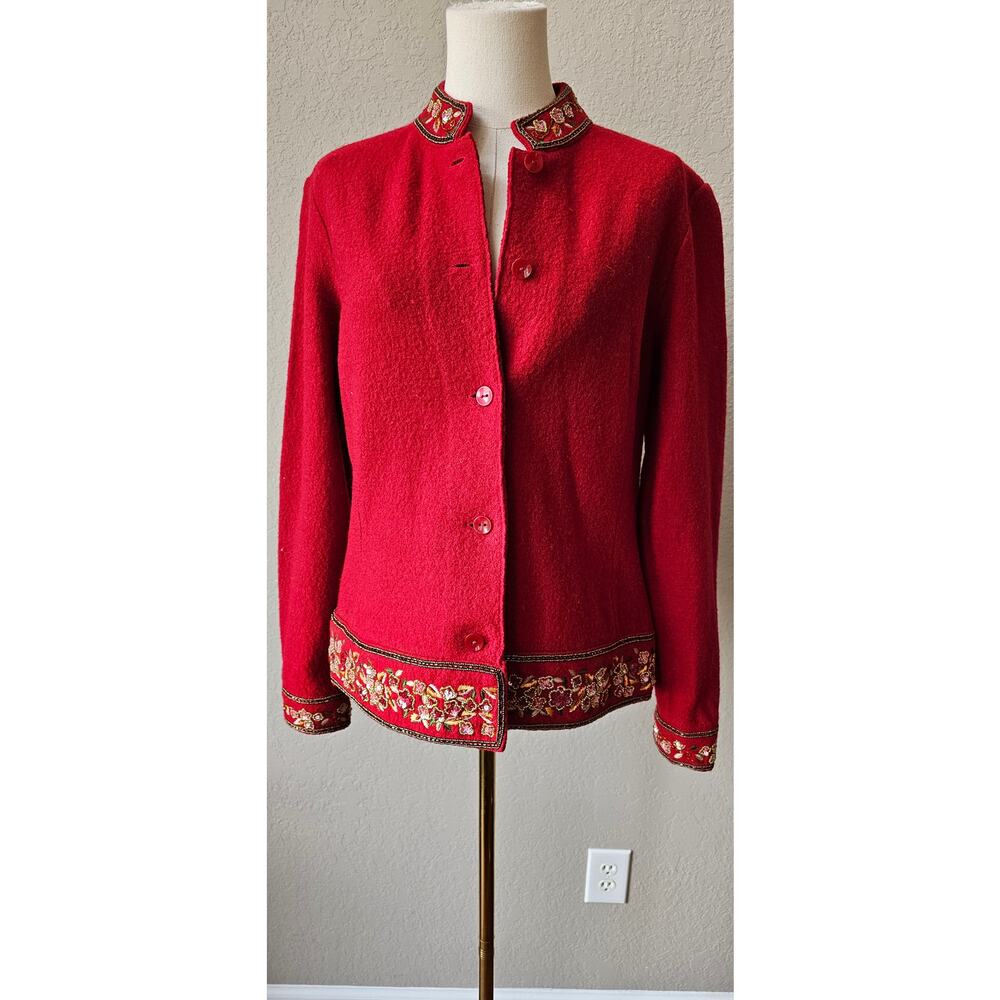 Vintage Talbots Red Wool Sequin‎ Embroidery Button front Cardigan Sweater Medium